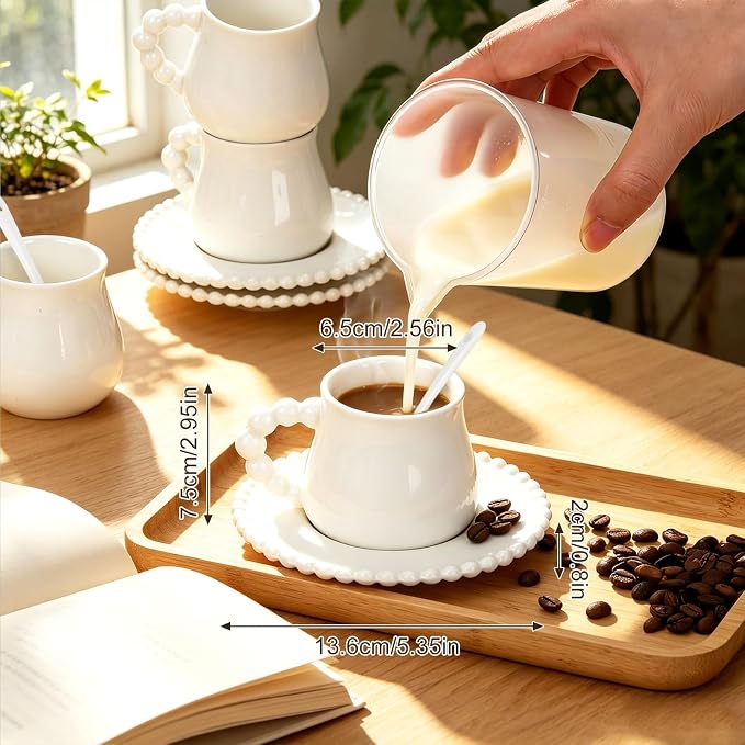 Coffee Cups Set of 6, 8 oz Ceramic Espresso Coffee Cup Set, Latte Mugs with Saucers and Spoons for Cappuccino, Latte, Mocha, Tea, Au Lait, Dishwasher & Microwave Safe