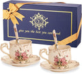 YOLIFE Tea Cups and Saucers Set of 2, Vintage Porcelain Tea Cups Set Floral with Gold Leaves Trim Design - 8 oz (Pink Rose with Gift Box(no stand))
