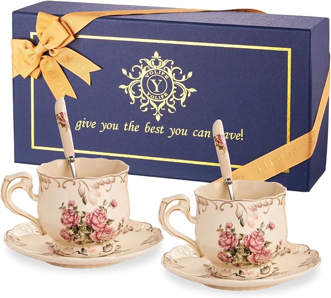 YOLIFE Tea Cups and Saucers Set of 2, Vintage Porcelain Tea Cups Set Floral with Gold Leaves Trim Design - 8 oz (Pink Rose with Gift Box(no stand))