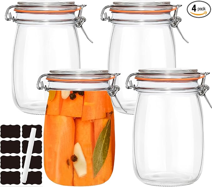 32 oz Pickling Jars with Airtight Lids,4 Pack Airtight Glass Pickle Jars Wide Mouth,Air Tight Glass Storage Containers for Canning,Pickling,Fermenting