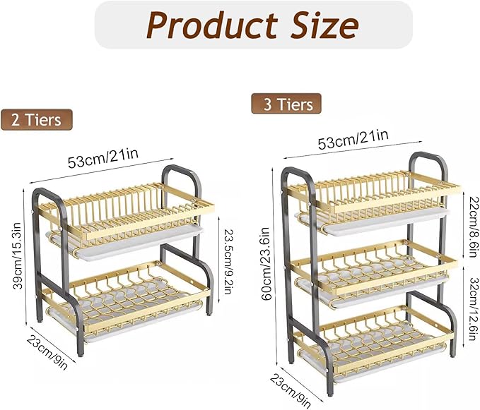 2/3 Tier Kitchen Counter Dish Drying Rack, Carbon Steel Dish Strainers with Drain Tray,Chopsticks Rack,Knife Holder, Over The Sink Dish Racks Storage Rack(W21(3 Tier), Black Gold)
