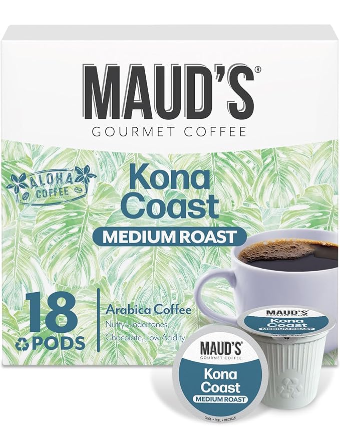 Maud's Kona Coffee Pods, 18 ct, Medium Roast Coffee in Single Serve Pods – 100% Arabica Coffee, Compatible with Keurig K Cups Maker