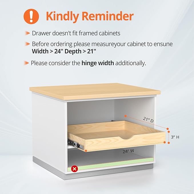 ZOINLIY 24''W X 21''D X 3''H Wooden Pull Out Drawer for Cabinet, Cabinet Organizer for Kitchen, Soft Close Slide Out Shelves, Heavy Duty, Fully Expandable - Bottom Mounting