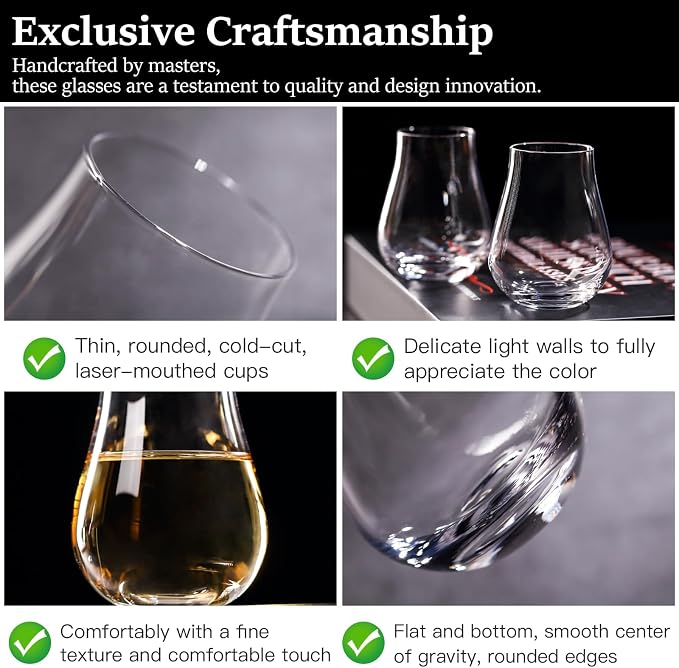comfit Whiskey, Scotch, Bourbon Tasting Glasses - Set of 6 - Professional 4.5 oz Stemless Tulip Shaped Tasting and Nosing Copitas - Small Crystal Snifters Glasses Gifts