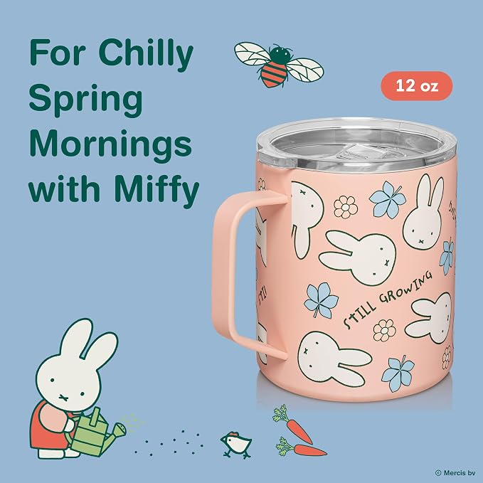 Dragon Glassware | Miffy Stainless Steel Camp Mug with Lid, 12 oz - Pink | Nijntje Insulated Camping Mug For Coffee, Tea, Matcha & Hot Beverages; Miff Mug with Lid
