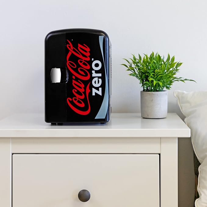 Coke Zero Mini Fridge - 6 Can Refrigerator for Bedroom Office, Portable Table Top Beverage Cooler, 12V 110V Refrigerador For Drinks, Soda, Wine Use In Car, Dorm, Outdoor, Patio