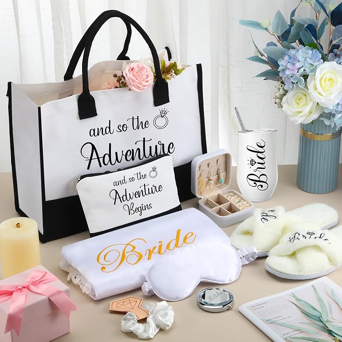 JaGely 9 Pcs Bride to Be Gifts Set Bridal Shower Bachelorette Wedding Gifts with Robe Slippers Tumbler Tote Bag & Bridal Kit