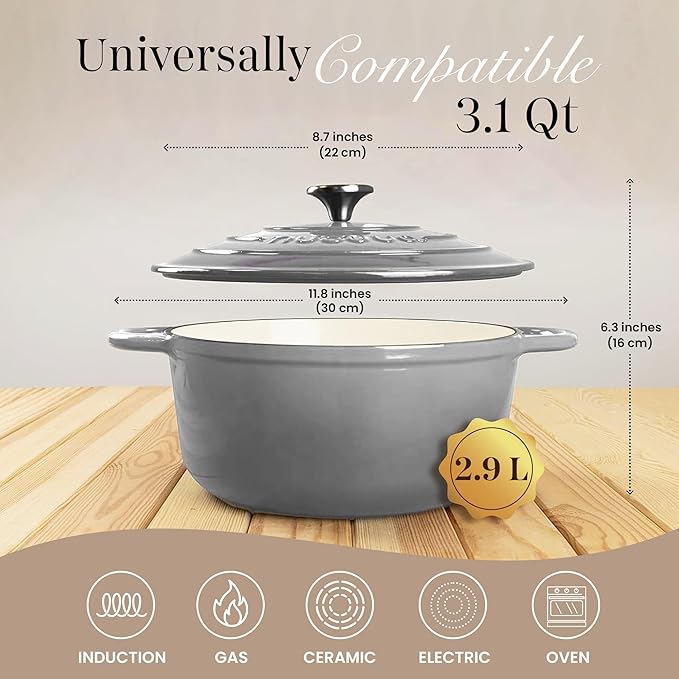 Cast Iron Dutch Oven with Lid - Non-Stick Ovenproof Enamelled Casserole Pot - Sturdy Dutch Oven Cookware - Grey, 3.1- Quart, 22cm- by Nuovva