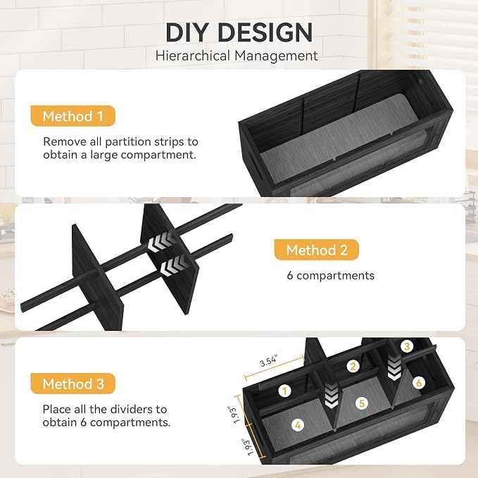 Yofidra Bamboo Utensil Holder & Silverware Organizer: Extra Large Cooking Spoon Holder with Absorbing Drying Stone and 6 Compartments Kitchen Countertop Farmhouse Decor 11.8"X4.7"X5.9" Black