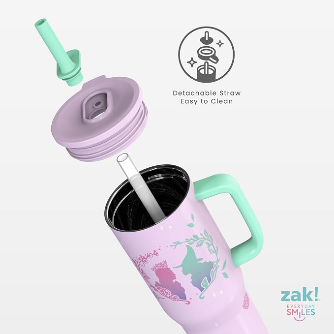 Zak Designs Wicked: For Good Sutton Travel Tumbler for On the Go, 30oz Stainless Steel with Vacuum Insulation, Silicone Straw, and Carry Handle for Cold Drinks (Glinda and Elphaba)