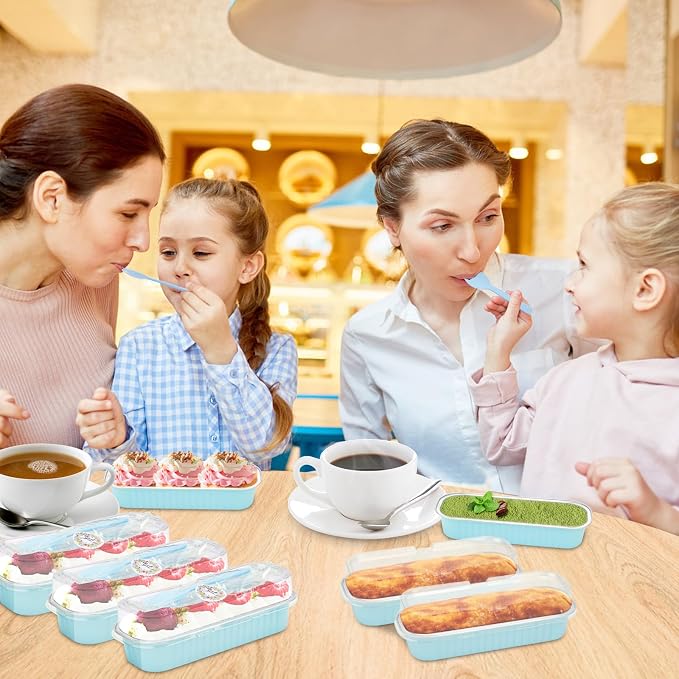 100Pack Mini Cake Pans Disposable Mini Loaf Pans with Lids and Spoons and Stickers, 6.8Oz Aluminum Foil Pans Tins, Individual Dessert Cups Containers for Sales,Party,Picnics Sky Blue