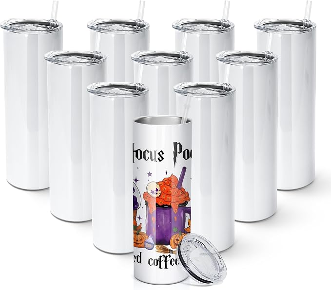 AGH 10 Pack Sublimation Tumblers Blank 20 OZ Straight Skinny Tumbler with Straw, Stainless Steel Double Layer Insulated Mug, Individually Box, Travel Tumblers