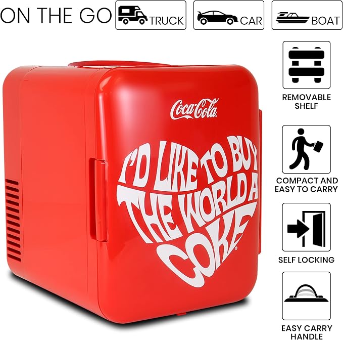 Coca-Cola World 1971 Series Mini Fridge, 6-Can Portable AC/DC Thermoelectric Cooler & Warmer, 4L Compact Dorm Fridge for Skincare, Cosmetics, Snacks, Beverages, Car, Boat, RV, Office Desk