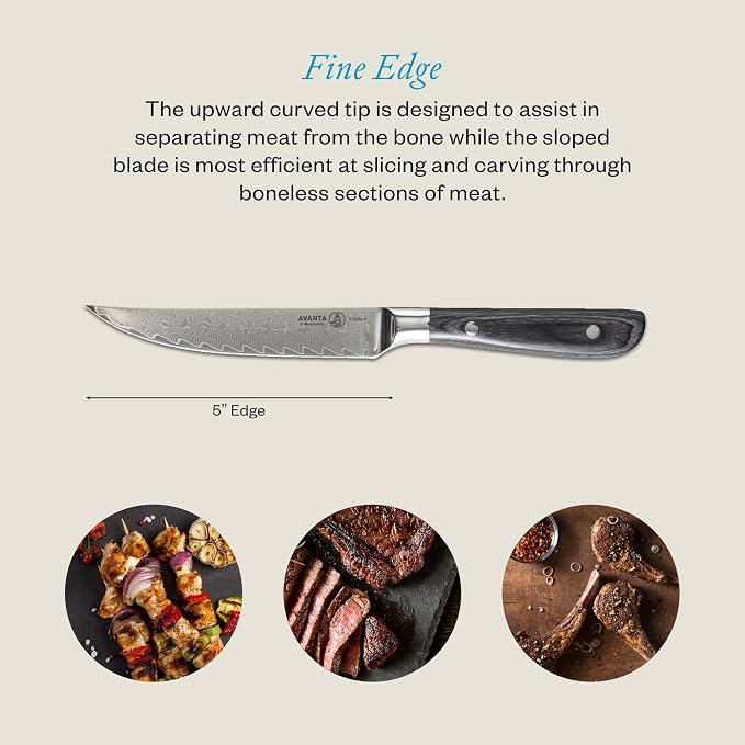 Messermeister Avanta Damascus Forged 5” Fine Edge Steak Knife Set - Rust Resistant & Easy to Maintain - Includes 4 Steak Knives
