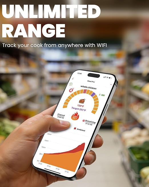 UNERVER Wireless Meat Thermometer with WiFi Unlimited Range - Ultra Thin Probe with 6 High Accuracy ±0.5°F Sensors, Digital Bluetooth Base, Login-Free Smart App, Ideal for Smoker, Oven, Rotisserie