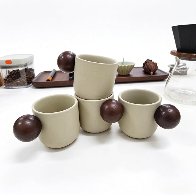 Ceramic Espresso Cups Set of 4 – Double Shots 4 oz Coffee Mugs with Handle, Japanese Tea Cup Set Small Porcelain Modern Style Demitasse Cups for Tea, Latte, Cappuccino