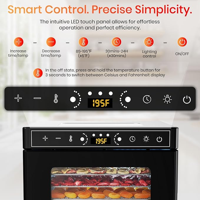 Food Dehydrator, 8 Stainless Steel Trays Food Dryer with Visible Skylight and Built-in Lighting, 195°F Dehydrated Dryer for Jerky, Pet Treats, Herbs, Meat, Fruit and Yogurt, Silver