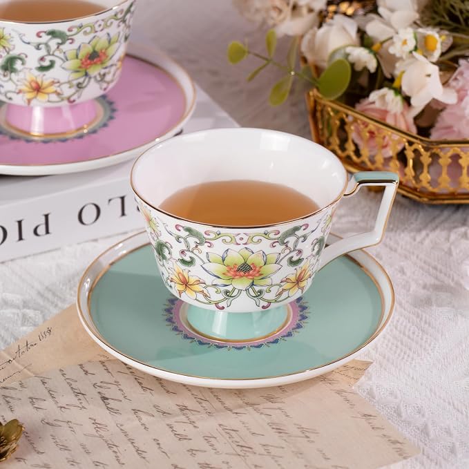KAMMAK Ceramic Coffee Cups Saucers Set of 2, Porcelain Espresso Cups with Saucers, 8.12 oz Handcrafted Elegant Bone China Tea Cups, Lotus Floral Pattern Teacup for Party, Office, Women Gift