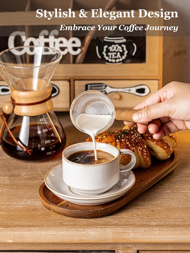 Gomakren 6 Ounce Cappuccino Cups with Saucers and Metal Stand, Stackable Coffee Cup Set of 4, Father's Day Porcelain Espresso Cups for Coffee Drinks, Cappuccino, Latte, Americano, Tea, White