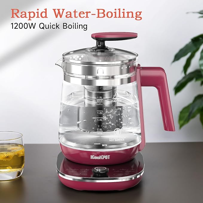 Hot Tea Maker Glass Electric Kettle With Tea Infuser And Temperature Control, 1.5L Stainless Steel, 1200W Rapid Boiling, Programmable Control For Your Favorite Teas And Coffee, Red