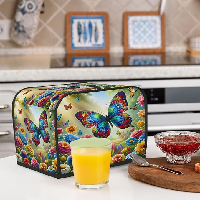 Colorful Flower Butterfly 2 Slice Toaster Cover Dust And Fingerprint Bread Maker Cover Bakeware Protector Washable Appliance Covers Kitchen Accessories For Home Kitchen Women Gift