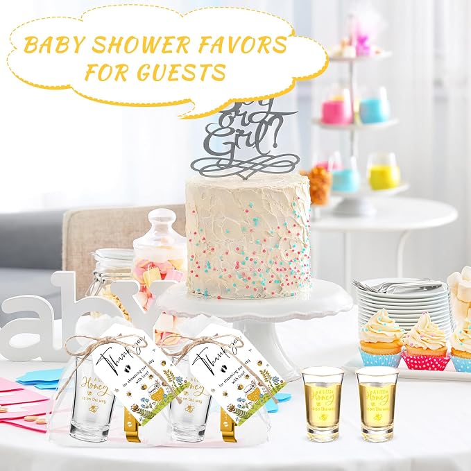50 Sets Baby Shower Favor for Guests Acrylic Shot Glasses with Bottle Opener Keychains Thank You Tags and Bags Gender Reveal Party Favors for Guest Baby Shower Return Gift(Bee)