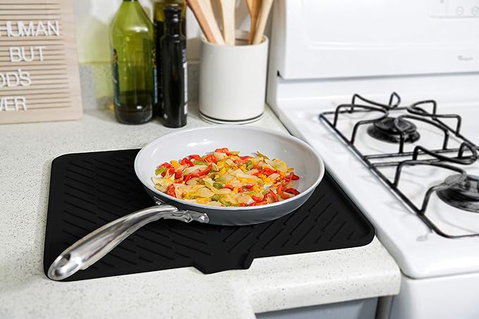 Luxet Silicone Dish Drying Mat with Built-in Drain Lip - Hygienic Drying Pad - Sturdy Compact Easy to Clean Tray Protects Surfaces Prevents Water Build Up -16.5 x 13 Inches (black)