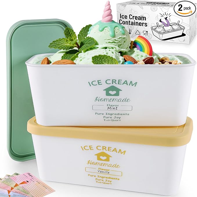 cyrico Ice Cream Containers for Homemade 2 Pack 2 Quart Each, Reusable Ice Cream Containers with Silicone Lids Sorbet Frozen Yogurt Storage Set BPA Free Stackable Leakproof Dishwasher Freezer Safe