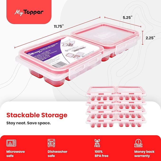 IceTopper Plus Ice Cube Tray with 2 Attached Lids - Easy Release Ice Cube Molds, 16 Cubes per Tray, Stackable & Dishwasher Safe, 100% Food Grade Silicone, BPA Free & Recyclable (2 Pack)