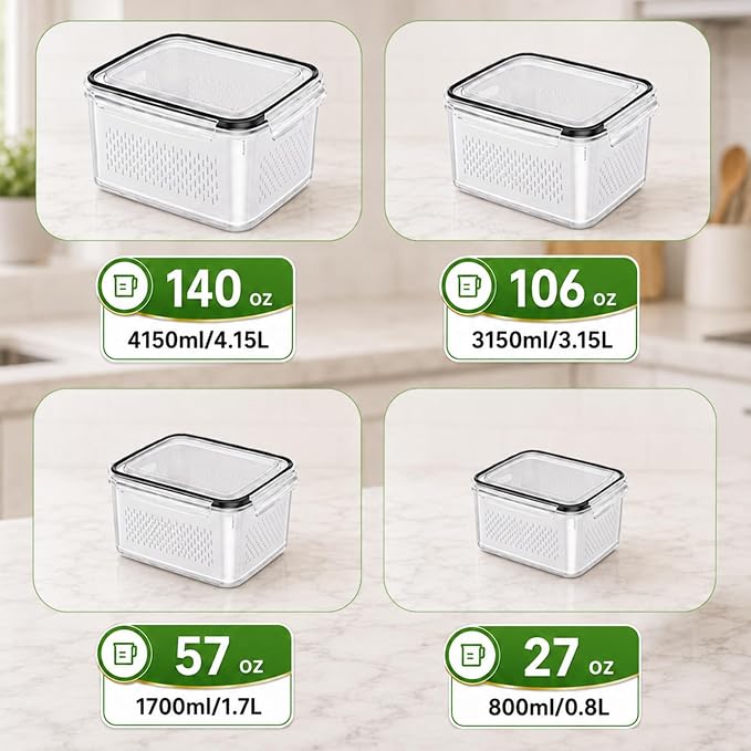 UFORU 4 Pack Fruit Storage Containers for Fridge, Produce Containers with Removable Colander, Airtight Stackable Storage Containers, Reusable Refrigerator Organizer Bins for Berries, Lettuce