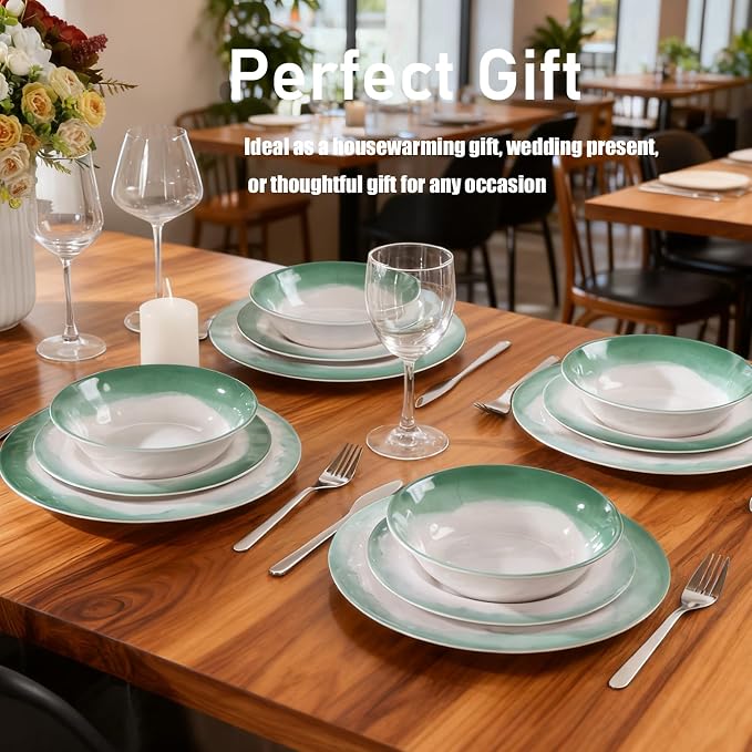 Melamine Dinnerware Sets, 12pcs Plates and Bowls Set, service for 4, Dishwasher Safe, Indoor and Outdoor Use, Green Melamine dishes