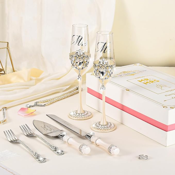 Wedding Cake Knife and Server Set, Luxury Handcrafted Crystal Champagne Flutes with Silver Petal Rhinestones and Pendant, Cake Cutting Set for Wedding, Engagement Gifts for Couples, Gift-ready Box
