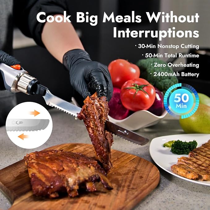 Cordless Electric Knife for Meat Slicing, 45W High-Torque | 420 Stainless Blades, Dishwasher-Safe, Carving Knife for Turkey & Bread, 50-Min Runtime, Type-C Charging, Dual Safety Lock