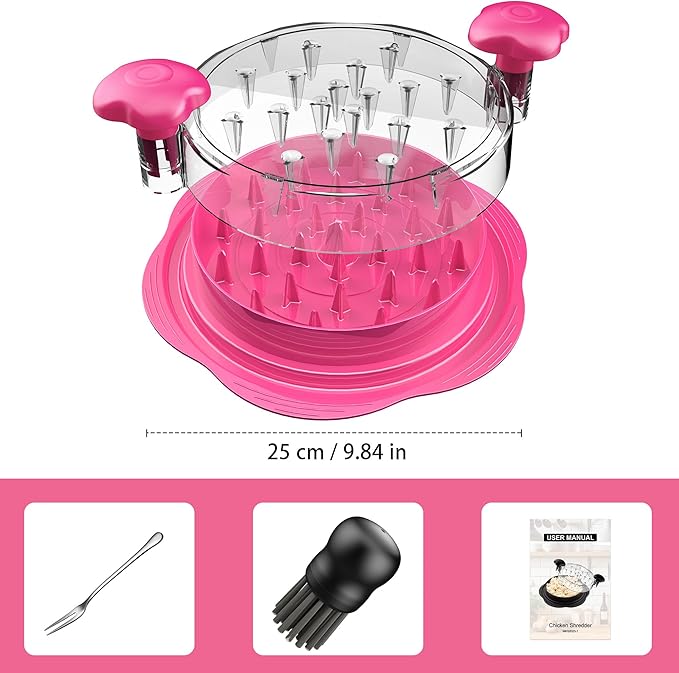 SURETIVIAN Chicken Shredder Large Chicken Breast Shredder Tool Twist with Brush&Fork, Visible Meat Shredder Machine, Anti-Slip Strip, Ergonomic Handle, BPA Free, Pork Beef Chicken(Hot Pink)