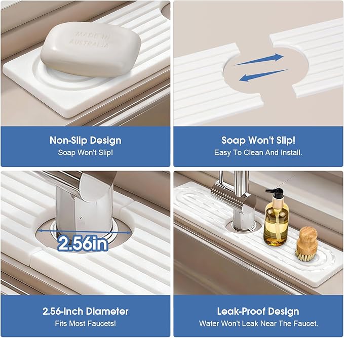 Faucet Mat for Kitchen Sink, Diatomite Drying Stone Mat Sink Protector, Faucet Splash Guard for Bathroom Counter for Bathroom, Laundry, Bar, White, 23.6" x 4"