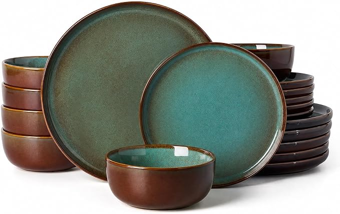 Famiware Milkyway Stoneware Dinnerware Set, 18-Piece, Double Reactive Glaze, Plates and Bowls, Service for 6, Microwave and Dishwasher Safe, Scratch-Resistant, Moss Green & Cocoa