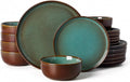 Famiware Milkyway Stoneware Dinnerware Set, 18-Piece, Double Reactive Glaze, Plates and Bowls, Service for 6, Microwave and Dishwasher Safe, Scratch-Resistant, Moss Green & Cocoa