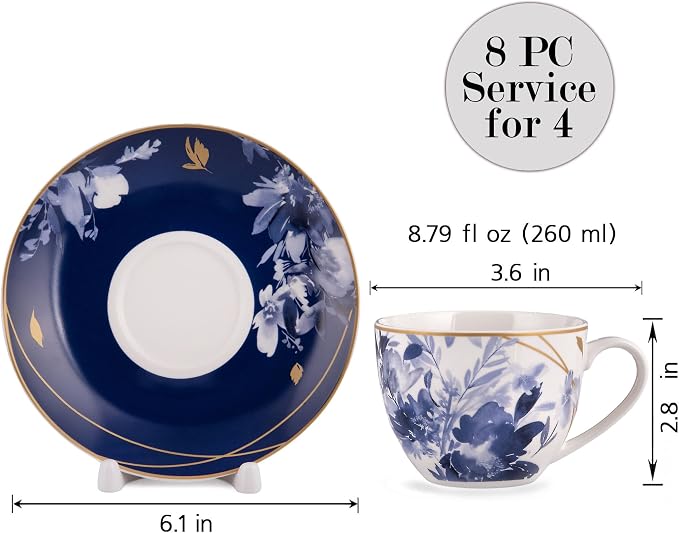 STP GOODS Teacup & Saucer Set of 4, Coffee Cups, Coffee Mugs, Espresso Cups, Tea Cup Set with Saucer, Latte and as a Gift (Mizuki)