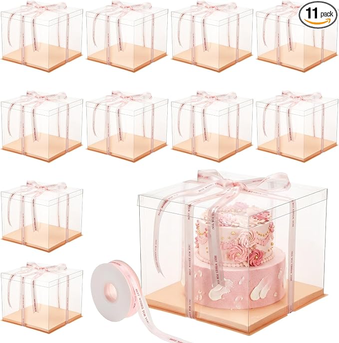 Maxdot 10 Pcs Transparent Tall Cake Boxes 12" x 12" x 10" Large Clear Cake Box with Ribbon Dessert Carrier PET Wedding Dessert Storage Container Clear Gift Box for Birthday Party Display (Pink)