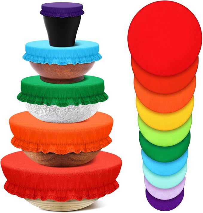 Patelai 10 Pcs Bowl Covers Reusable in 5 Size Stretch Cloth Fabric Elastic Food Storage Bowl Covers Bread Sourdough Lids for Proofing Food Fruits Leftover(Rainbow,Rainbow Style)