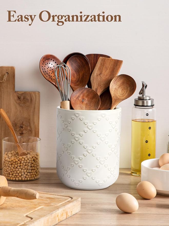 Kitchen Utensil Holder for Countertop, Ceramic Utensil Organizer for Spatulas and Spoons, Modern Embossed Kitchen Counter Decor, White Utensil Organizers for Cooking Tools