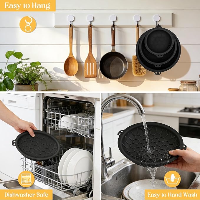 3 Piece Set Silicone Pan Protectors (Includes 8",10",12"), Pan Separators for Stacking Compatible with Hexclad, Tfal, All-Clad Nonstick Frying Pans and More, Cookware Protector, Dishwasher Safe, Black