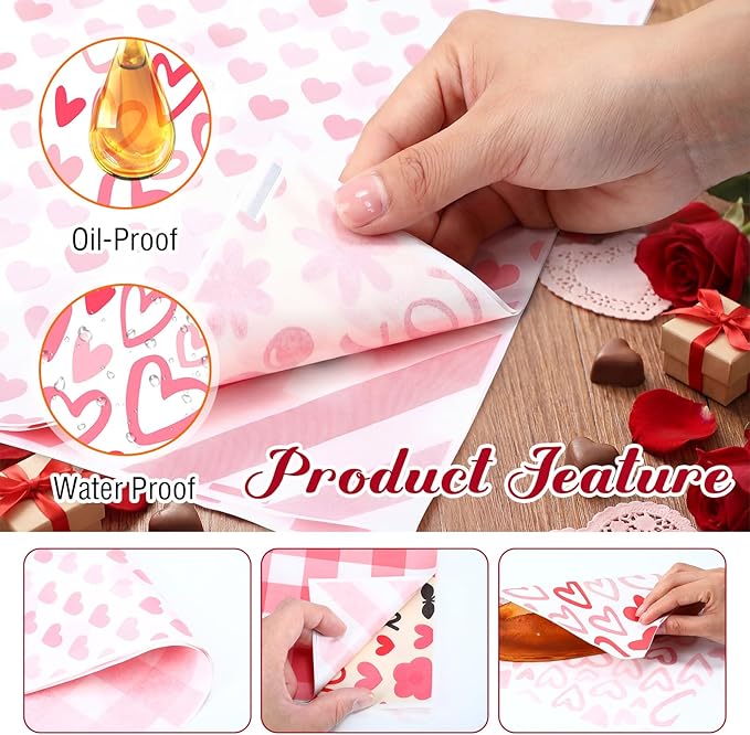 Reallnaive 300 Pcs Valentine Wax Paper Sheets for Food 12 x 12 Inch Pink Heart Parchment Deli Tissue Paper Sandwich Wrapping Sheets Food Basket Liners for Kitchen Restaurant Baking Supplies, 6 Styles