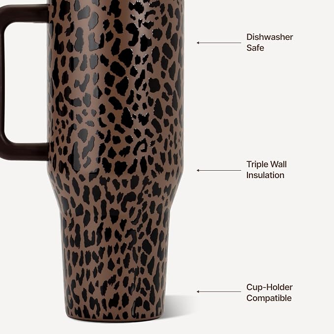 HydroJug Traveler 32oz, Insulated Tumbler with Handle & Straw, Brown Leopard