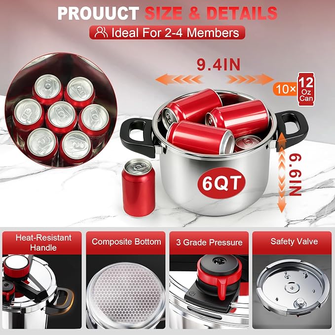 3-In-1 304 Stainless Steel Pressure Cooker 6.3 Quart: [Explosion-Proof] [3 PSI Settings], One-Hand Locking Pressure Canner, Induction Compatible, Glass Lid & Steamer Rack Included, Olla de Presion,N3