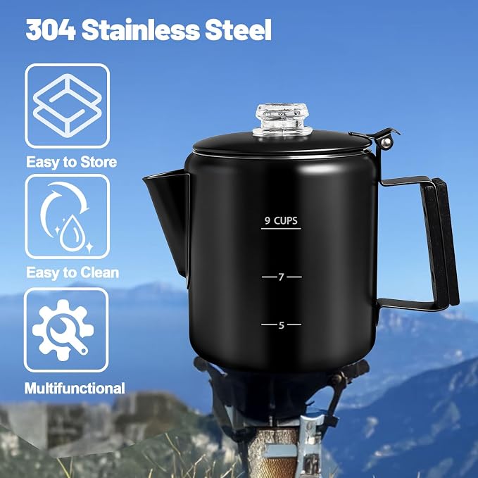 9 Cup Percolator 304 Stainless Steel Coffee Pot Coffee Maker Coffee Machine with Solid Wood Handle Transparent Knob Stovetop Greca Mocha for Induction Home and Camping 1500ml 50.7oz Black