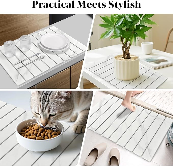 Large Stone Dish Drying Mats for Kitchen Counter, 24"(L)×16"(W) Marble-Pattern Dish Drying Mat, Eco-Friendly Absorbent Diatomaceous Earth Mats for Dishes Bottles Cups, Match Any Countertop