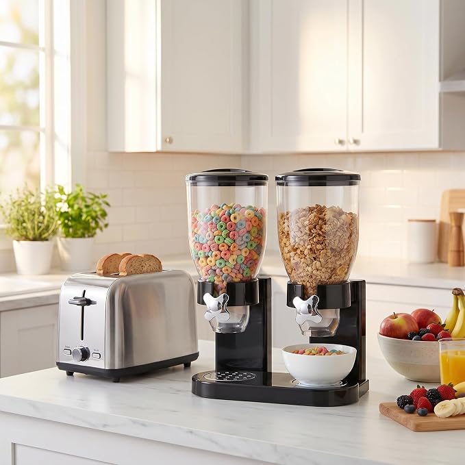Honey-Can-Do Zevro Dual Dry Food Dispenser – Countertop Cereal Dispenser with Portion Control, 17.5 oz Per Canister, Airtight BPA-Free Snack Dispenser for Kitchen Organization, Black/Chrome