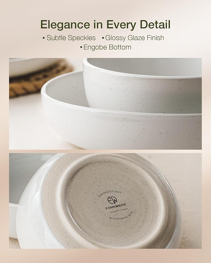 Famiware Milkyway Stoneware Dinnerware Sets with Pasta Bowls, Service for 4 (16 Pieces), Plates and Bowls Sets -Scratch Resistant, Microwave and Dishwasher Safe Dishes Set, White