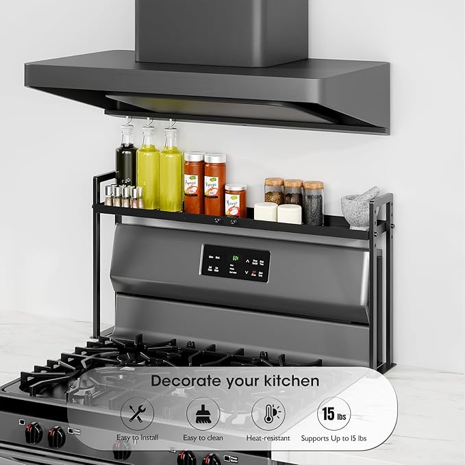 Bumusty Adjustable Stove Top Shelf – Expandable 4-Level Spice Rack and Kitchen Countertop Organizer, Anti-Slip Metal, 27"–33" Length, 11"–14" Height, Black